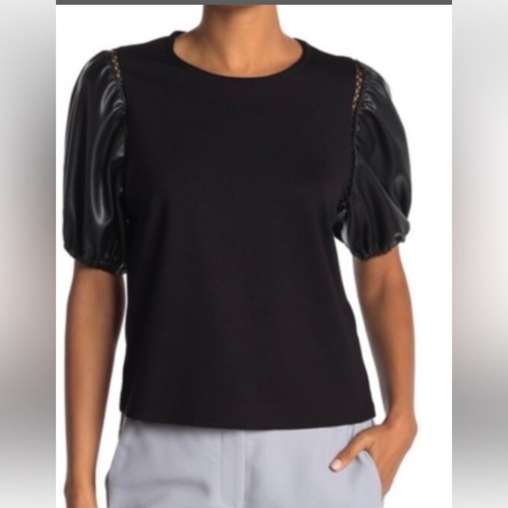 Women's Whimsygoth Black Tee Large Faux Leather Puff Sleeve Bikerglam Dark Fairy